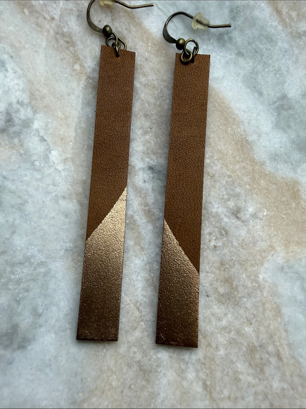 Artisan Handcrafted Tan Leather Drop Bar Lightweight Earrings - Picture 4 of 7
